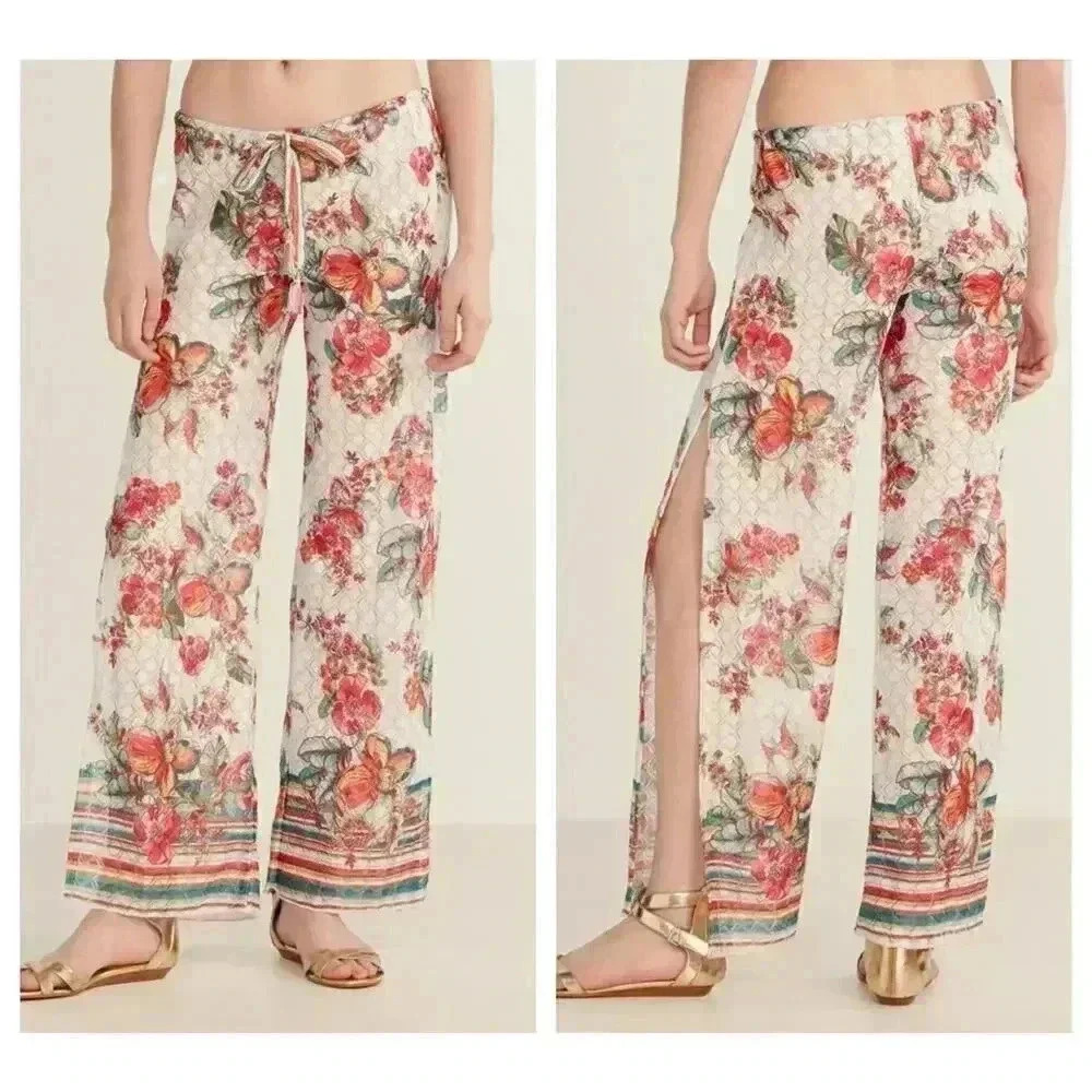 Becca Floral Crochet Slit Wide Leg Pants Medium
